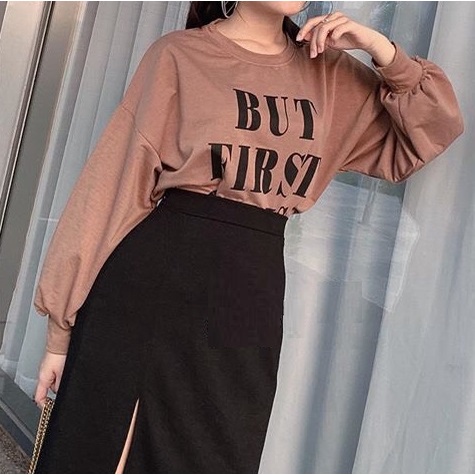 Áo thun croptop in chữ chất  JOY BABE, form siêu rộng tay dài, áo kiểu nữ trắng đen cool, phom to But First CRRD 4 -1E