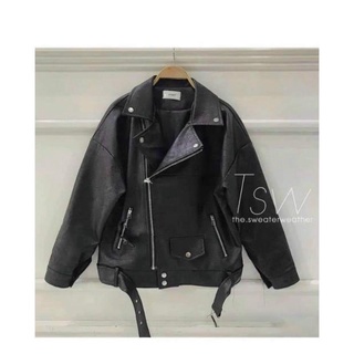Áo khoác da cổ bẻ dáng rộng unisex .