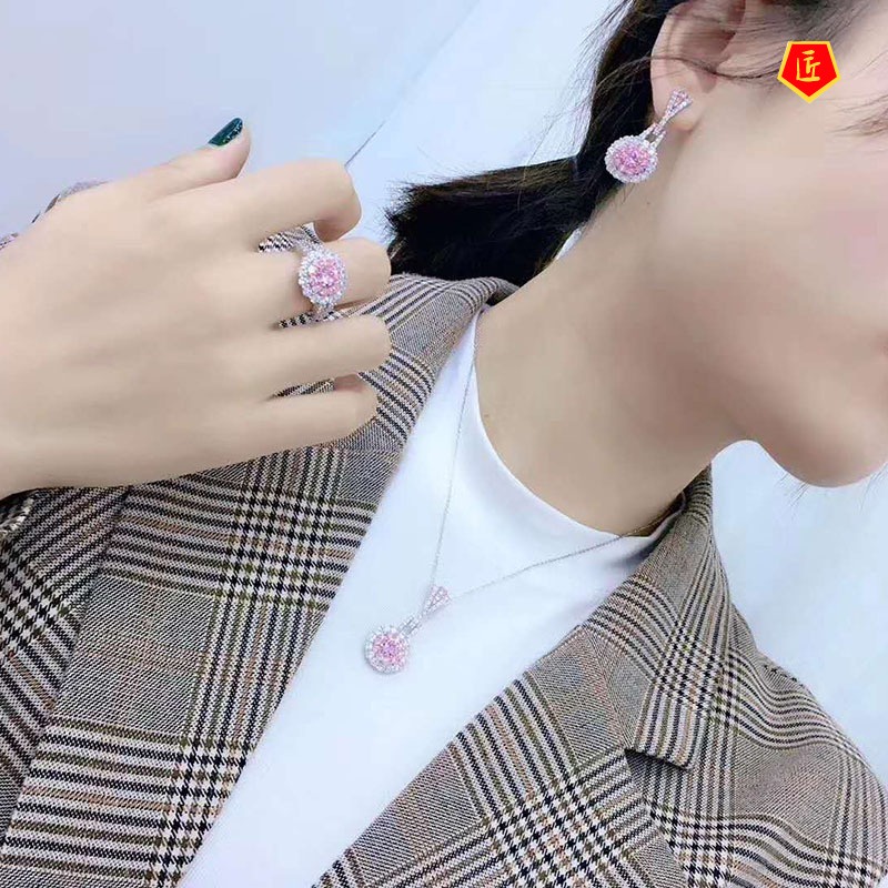 (Hàng Có Sẵn) Set Vòng cổ + Bông Tai + Nhẫn Đính Pha Lê Hồng Cổ Điển