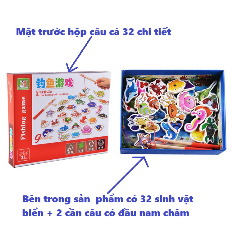 Đồ chơi câu cá cho bé 32 chi tiết bằng gỗ KB216009, Bộ câu cá cho bé hình sinh vật biển sinh động kèm cần câu