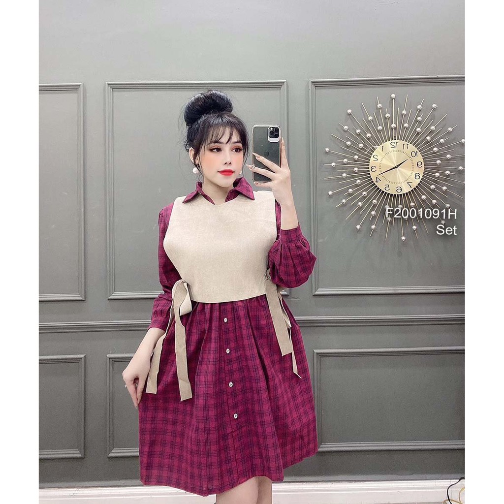 Set đầm caro cổ bẻ tay dài phối áo gilê dạ cột nơ hai bên!