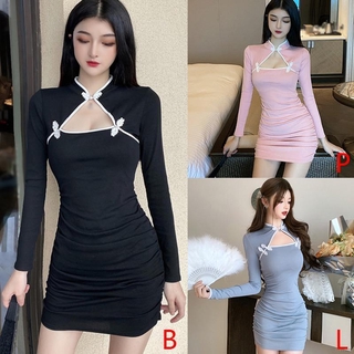 Đầm Sườn Xám Dài Tay Phối Màu Xinh Xắn Dành Cho Nữ
