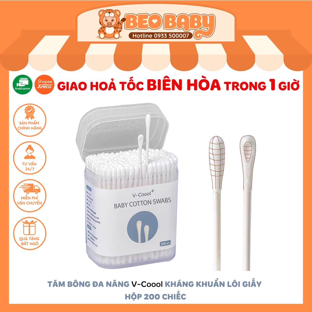 Tăm Bông Đa Năng VCOOL Kháng Khuẩn Lõi Giấy - Hộp 200 Chiếc