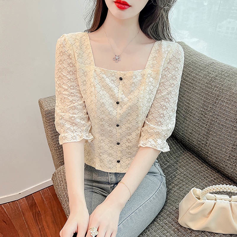 Áo Sơ Mi Ren In Họa Tiết Phong Cách Phương Tây Thời Trang Mùa Hè Dành Cho Nữ