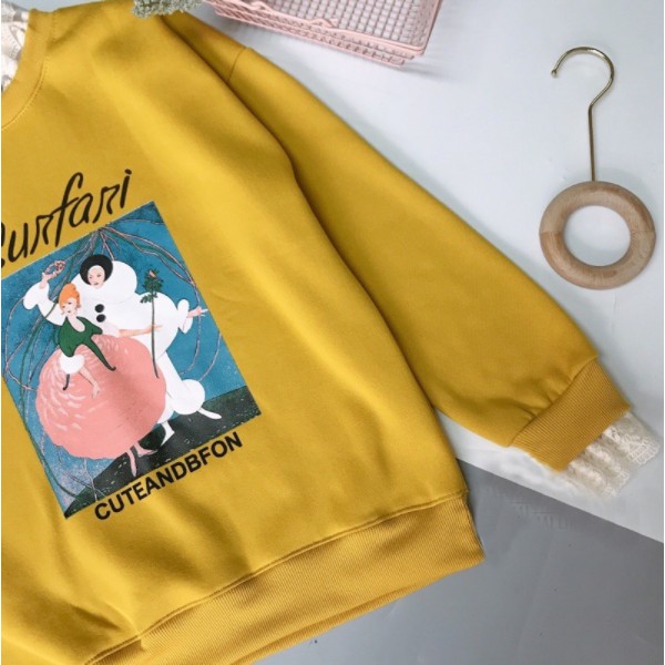 ÁO ĐÔI NỈ BÔNG NỮ SWEATER FORM RỘNG, MÀU VÀNG IN HÌNH BẠCH TUYẾT CỔ BÈO REN, HÀNG QUẢNG CHÂU CAO CẤP | BigBuy360 - bigbuy360.vn