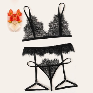 Fashion New Women Lace Black Lingerie Sexy V-Neck Underwear Thong With Garter