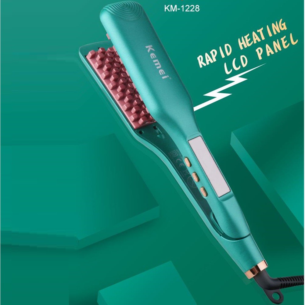 Máy Làm Tóc, Máy Dập Xù Chân Tóc Bản Vuông Có Chỉnh Nhiệt Kemei Km - 1228, Bảo Hành 24 Tháng