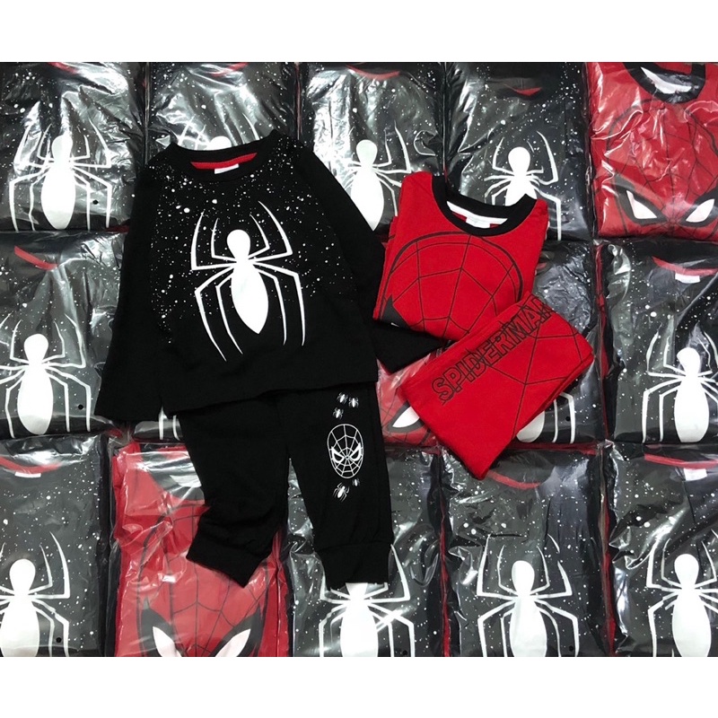 Set 2 bộ cotton dài tay Spiderman đỏ đen 11-24kg