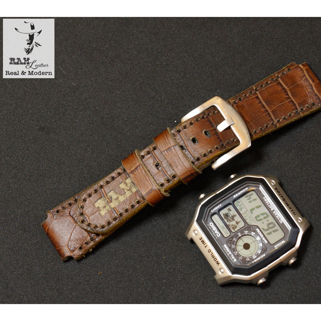 Dây Casio AE 1200 da bò vân cá sấu RAM Leather 1928 - tặng khóa chốt và cây thay dây