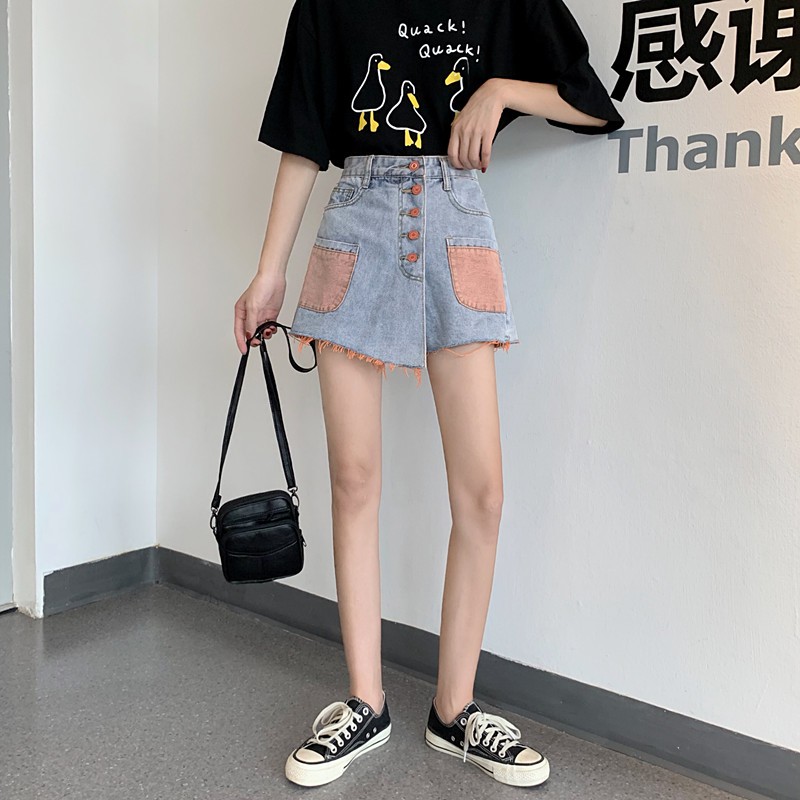 Xiaozhainv Quần short denim lưng cao phong cách Hàn Quốc | BigBuy360 - bigbuy360.vn