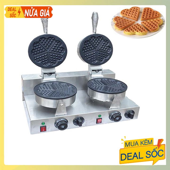 Máy Làm Bánh Waffle, Bánh Tổ Ong Khuôn Trái Tim Công Nghiệp Đôi