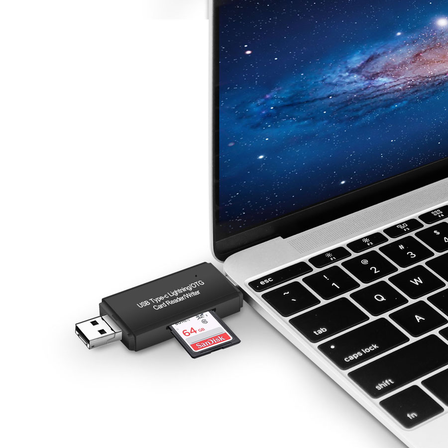 Đầu Đọc Thẻ Otg 4 Trong 1 Lightning & Micro Usb & Usb Type C Yc-250 Màu Đen