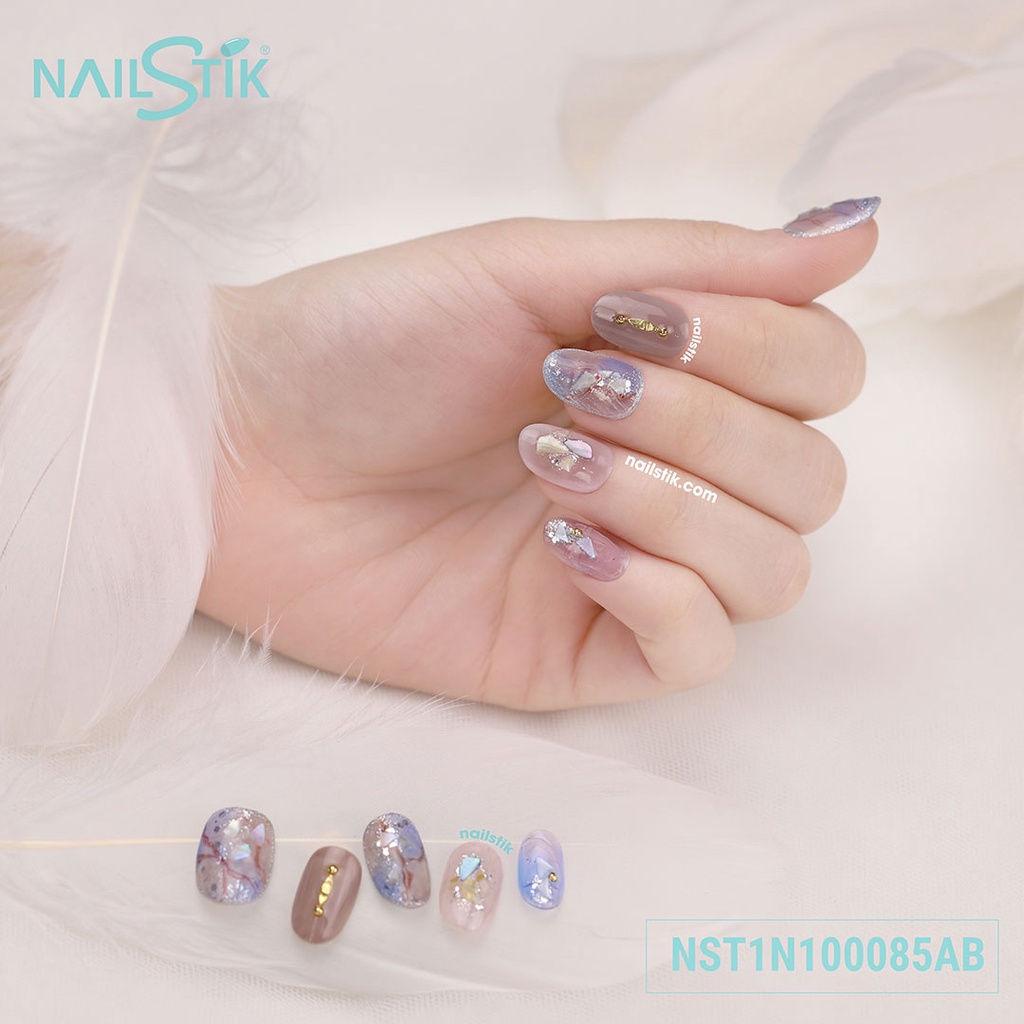 Bộ móng dán Nailstik màu xanh lông chuột, form móng bầu, 085