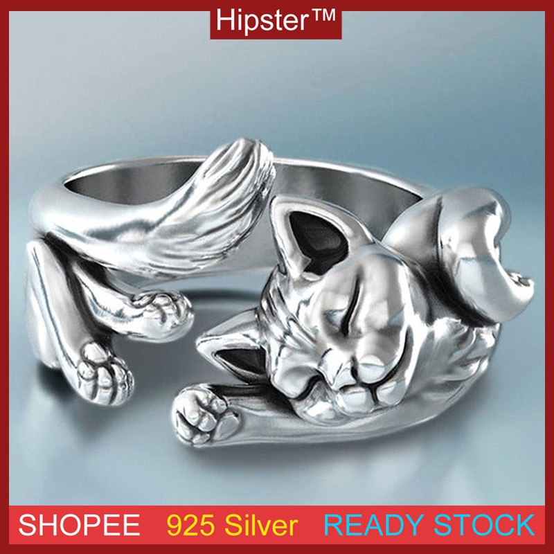 Nhẫn bạc 925 kiểu dáng hình mèo con phong cách cổ điển độc đáo
