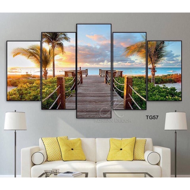 Tranh treo tường - Tranh CANVAS bộ 5 tấm mẫu thuyền buồm xuôi gió, cảnh biển trang trí phòng khách kèm khung cao cấp.