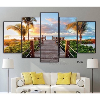 Tranh treo tường - Tranh CANVAS bộ 5 tấm mẫu thuyền buồm xuôi gió, cảnh biển trang trí phòng khách kèm khung cao cấp.