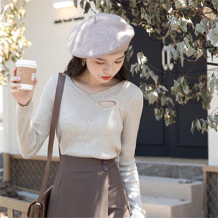 Áo dệt kim ZHELIHANGFEI tay dài dáng ôm thiết kế lỗ thời trang sang trọng dễ phối đồ cho nữ