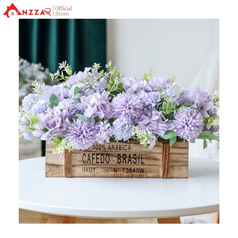 Giỏ hoa cẩm tú cầu mix tuyệt đẹp cắm sẵn chậu gỗ nhiều màu trang trí phòng khách, decor quán cà phê Anzzar GHG-04