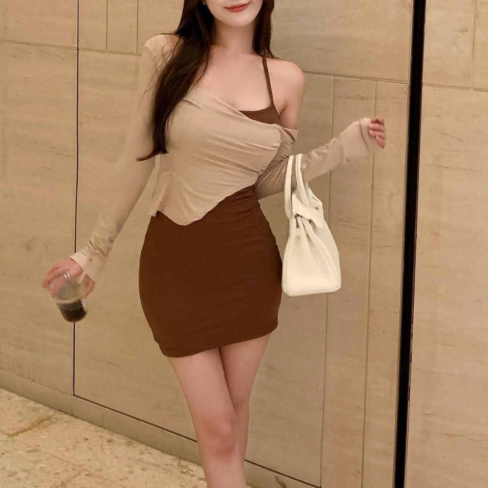 COZOK Set đầm sát nách nhấn eo + áo tay dài thời trang