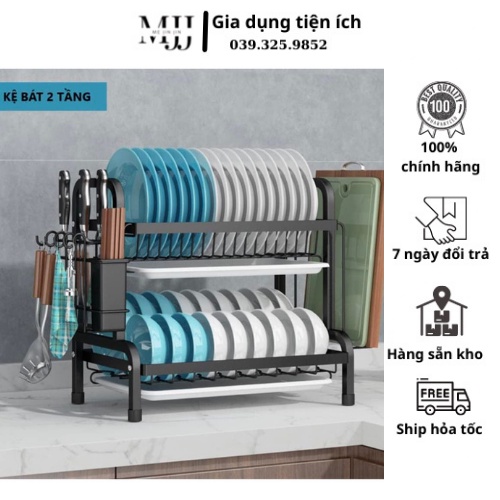 Kệ úp bát đĩa nhà bếp 2 tầng có khay hứng nước bằng sắt phun sơn tĩnh điện.