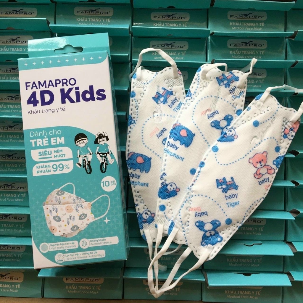 Khẩu trang y tế trẻ em cao cấp kháng khuẩn 3 lớp Famapro 4D Kids