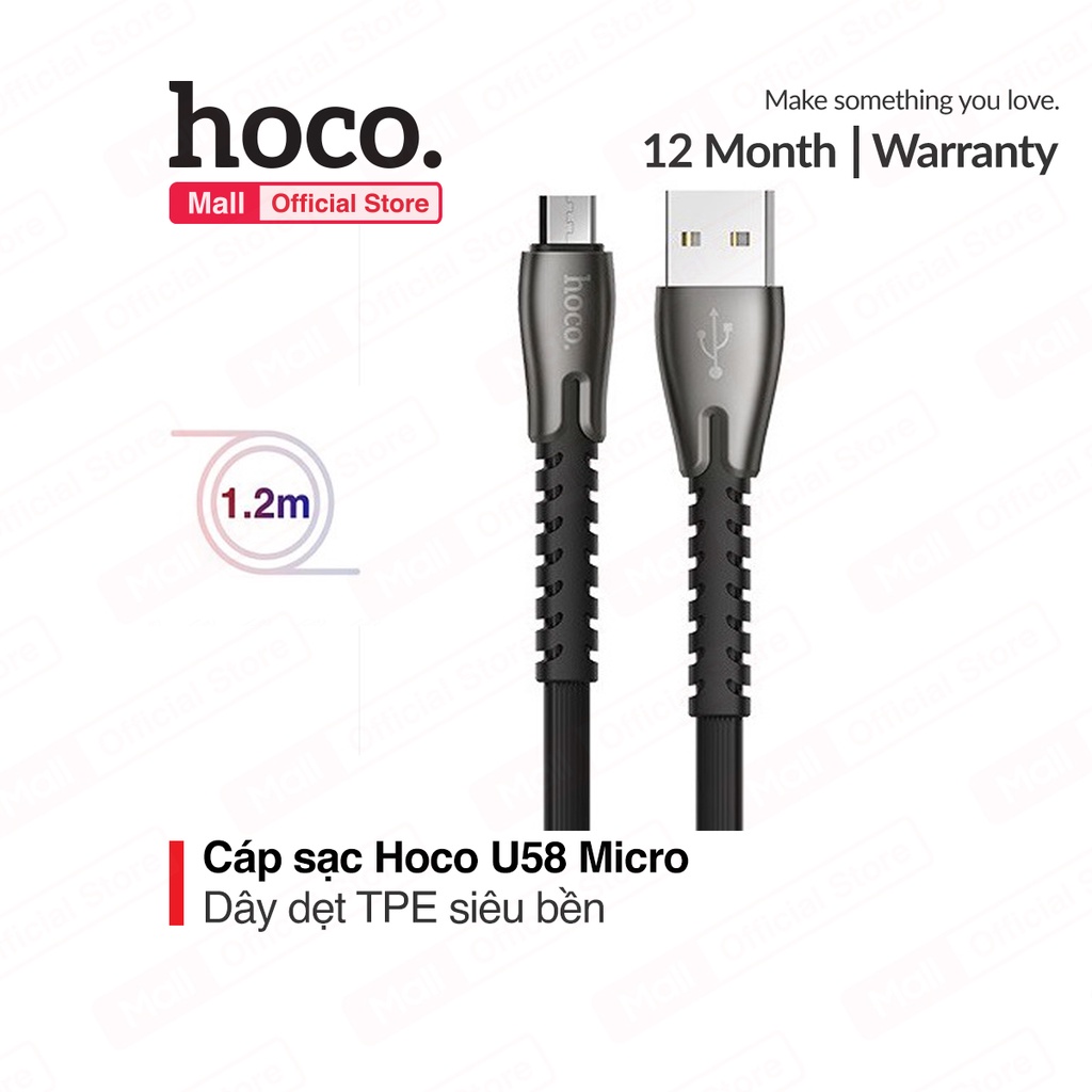 Cáp sạc dây dẹt Hoco U58 Micro chất liệu TPE siêu bền cho Android dài 1.2M