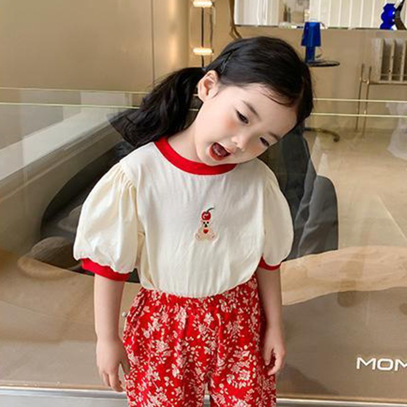 Áo Thun Cotton Tay Ngắn Cổ Tròn Dễ Thương Phong Cách Hàn Quốc Cho Bé Gái