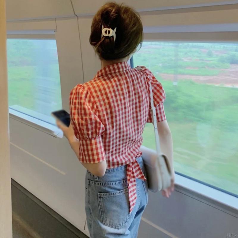 Áo Croptop Tay Ngắn Cổ Chữ V Họa Tiết Sọc Caro Phong Cách Hàn Quốc | BigBuy360 - bigbuy360.vn