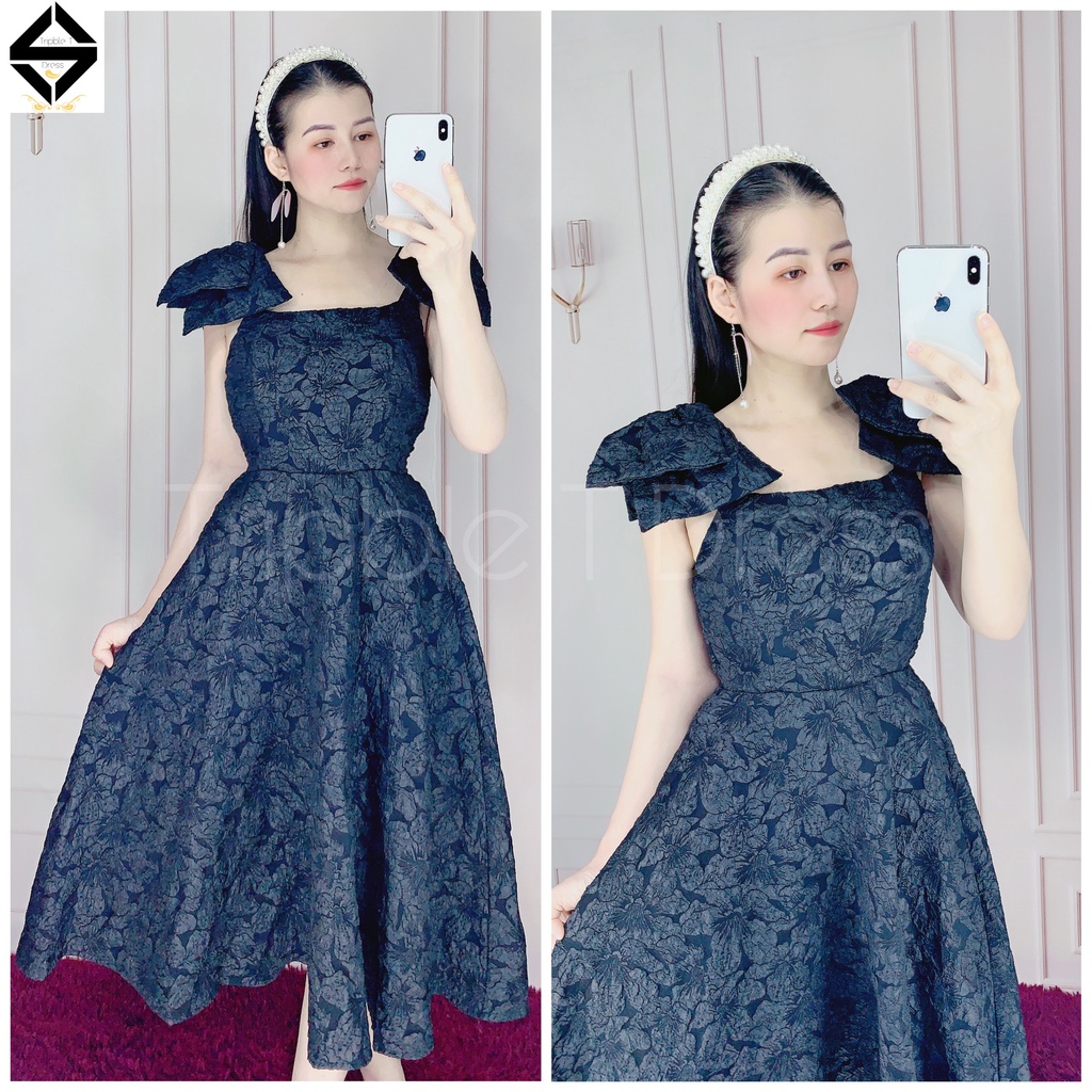 Đầm xoè dự tiệc nơ vai sang chất gấm xốp vân hoa nổi sang trọng TRIPBLE T DRESS - size M/L - MS226V