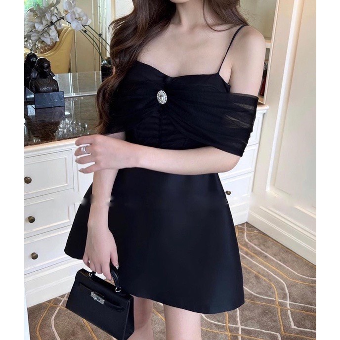 Váy,Đầm Trễ Vai Lưới Đính Cúc Tiểu Thư Chất Liệu Tafta Cao Cấp