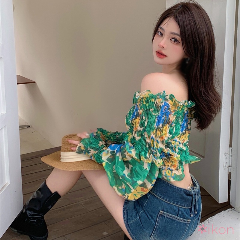 Áo Trễ Vai Tay Dài In Hoa Quyến Rũ Cho Nữ