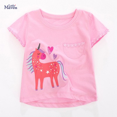 Áo thun cộc tay bé gái chính hãng LITTLE MAVEN - mẫu ATE032 ÁO HỒNG IN HÌNH NGỰA UNICORN