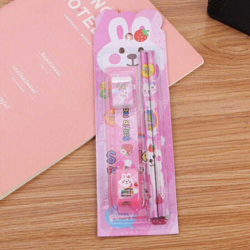 Combo 45 bộ dụng cụ học tập 5 món gồm bút chì, thước kẻ cute, tẩy gôm,xoáy gọt bút chì siêu dễ thương