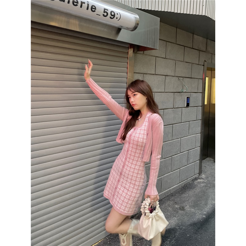 DUNEA Bộ Đầm Dệt Kim Kẻ Sọc + Áo Khoác Cardigan Chống Nắng Thời Trang Cho Nữ