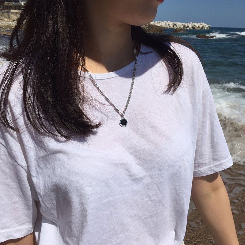 Dây chuyền mặt hình oval đính đá màu đen phong cách hip hop cá tính