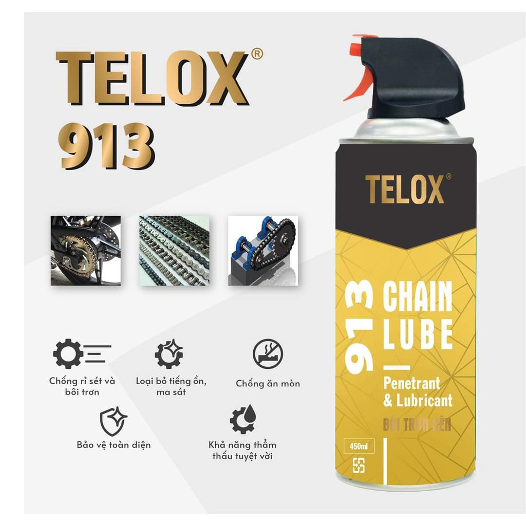 Bình xịt bôi trơn loại bỏ tiếng ồn cho xích-sên xe máy Telox 913 450ml
