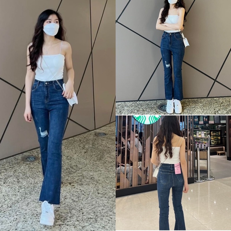 [Ảnh thật/Video]Quần jean ống loe Cào xanh nhạt lưng cao sang chảnh Quần jean loe thon dáng