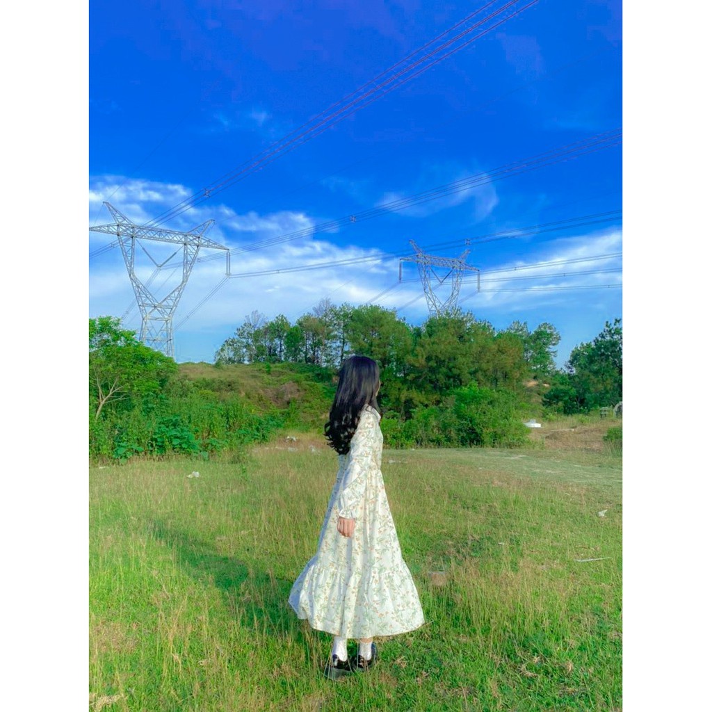 Váy Hoa Nhí Vintage Cổ V Tay Dài Dáng Dài Xòe Xinh Xắn, Đầm Ulzzang Nữ Vintage Hàn Quốc