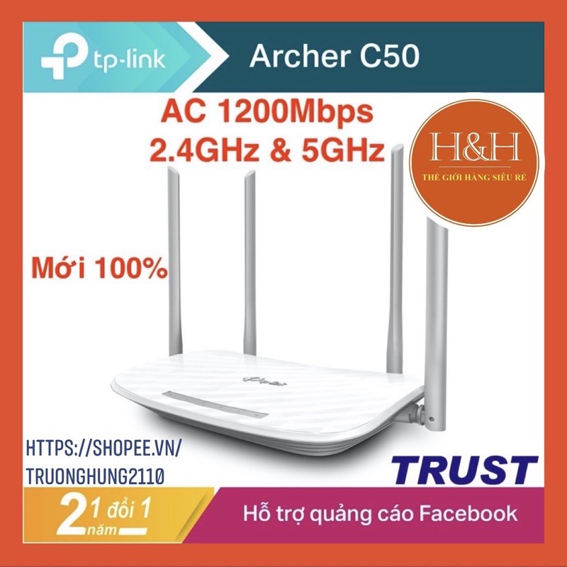 Phát Wifi TP-Link AC 1200Mbps Bộ phát wifi không dây (Thiết bị mạng) - Archer C50 - Hàng Chính Hãng