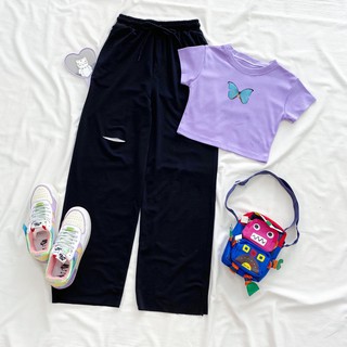 UNISEX - SET ULZZANG - SET UNISEX - SET ÁO CROPTOP BODY + QUẦN ỐNG RỘNG RÁCH GỐI - ÁO CROPTOP MÀU TÍM - QUẦN ỐNG RỘNG
