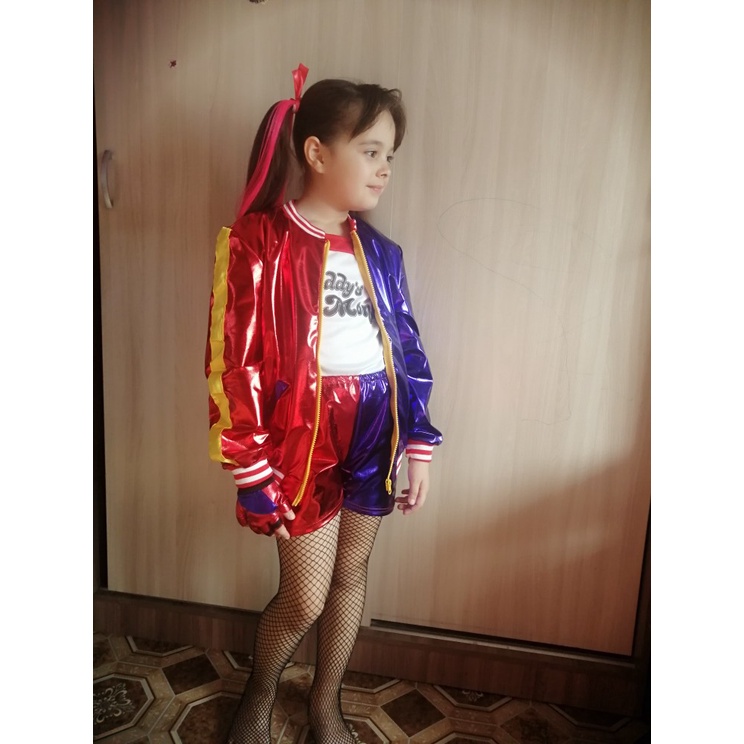 Harley Quinn Child Dress Girl Cosplay Suicide Squad Halloween Clown Jacket Quần short Phụ kiện đầy đủ