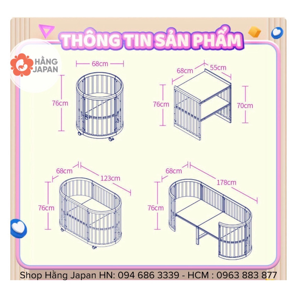 Cũi Oval Monmon đa năng 6in1 điều chỉnh nâng hạ 3 nấc dùng được từ sơ sinh tới 8 tuổi