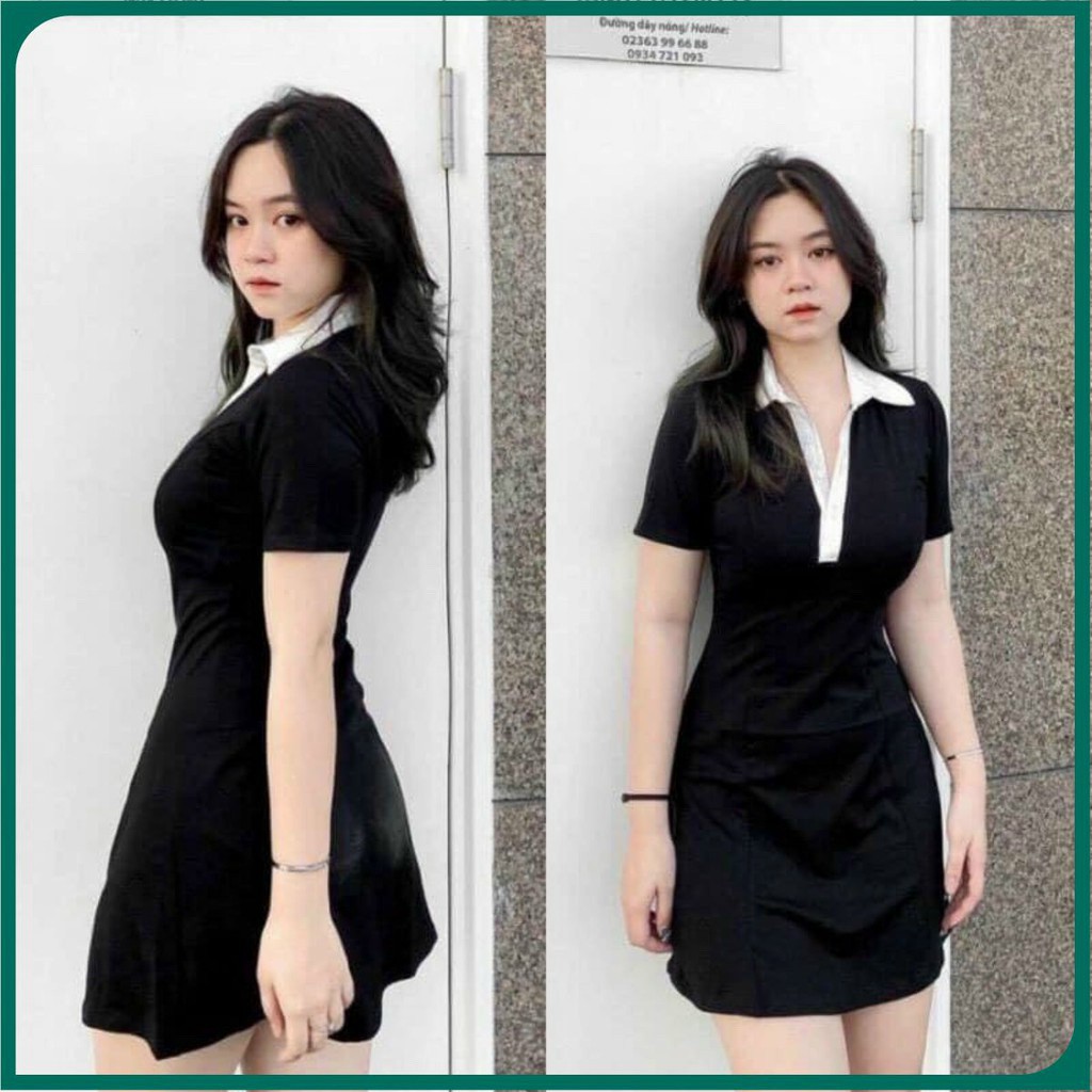 váy polo nữ cộc tay màu đen cổ phối trắng năng động trẻ trung | BigBuy360 - bigbuy360.vn