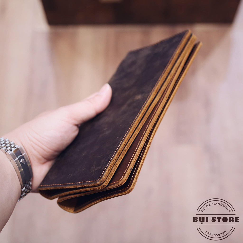 Ví cầm tay nam da bò thật, Ví dài nam da bò sáp ngựa điên Handmade khâu tay thủ công BH 2 năm