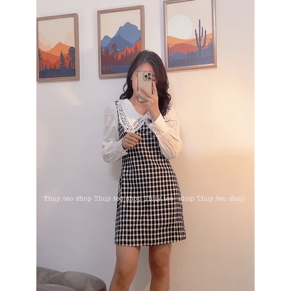 [Hàng sẵn/Video] VÁY DẠ DÀI TAY CÚC NGỌC CỔ BÈO KẺ ĐEN