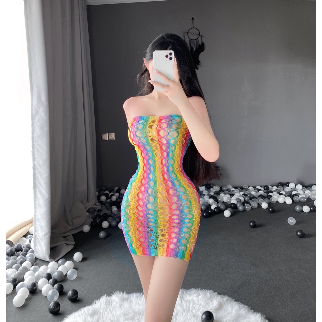 Váy ngủ lưới 7 sắc cầu vồng quây siêu xinh MS01