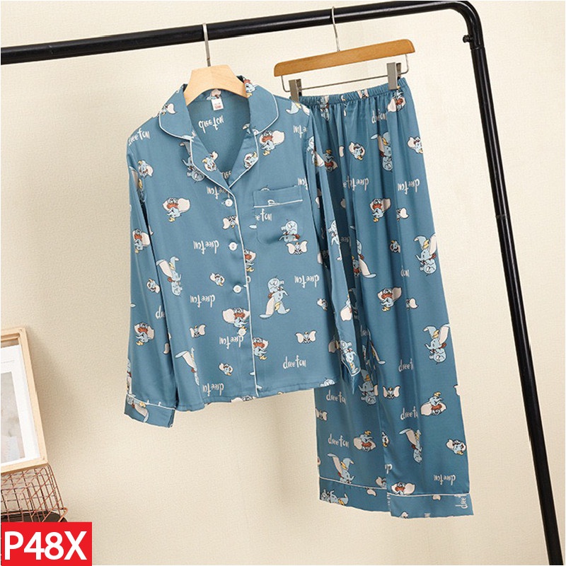 Đồ Ngủ Mặc Nhà Lụa Hàn Pajamas Dài Tay Quần Dài Họa Tiết Chú Voi AMANTA P48AMK