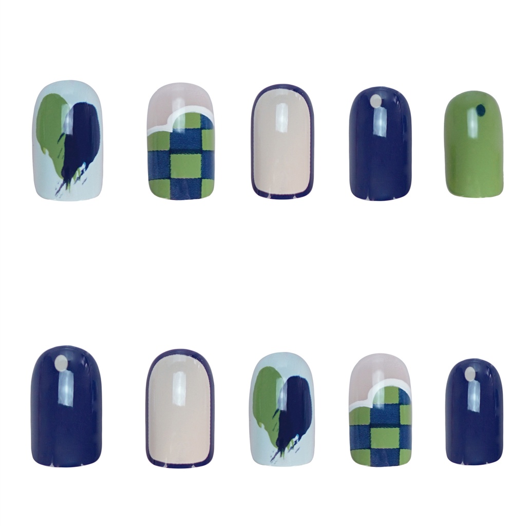 Set 24 móng tay giả nailbox, móng vuông kẻ caro xanh PD318 kèm keo