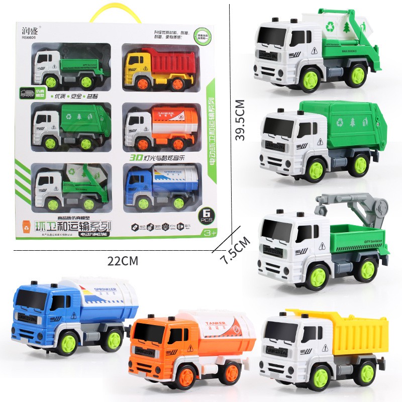 Bộ 6 xe công trình, Bộ xe cứu hỏa, bộ môi trường, Xe sử dụng pin và chạy, có nhạc - còi, Nhựa cao cấp an toàn