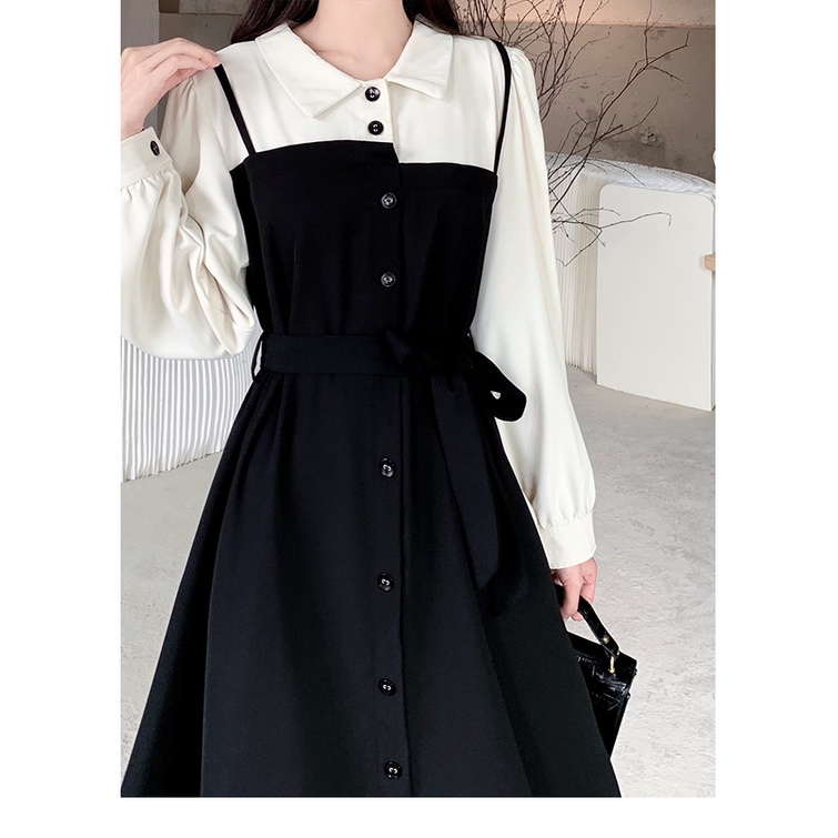 Đầm ZHELIHANGFEI giả hai lớp dài tay phong cách Pháp thanh lịch dành cho nữ